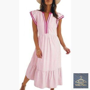 V-Neck Ruffle Cap Sleeve Empire Waist Flowy Striped Midi Maxi Dress with Pockets